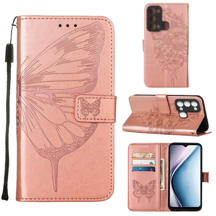 Butterfly embossed flip leather phone case in rose pink, with card slots and stand flap.
