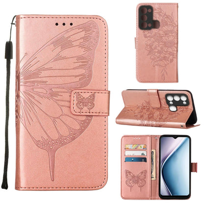Butterfly embossed flip leather phone case in rose pink, with card slots and stand flap.