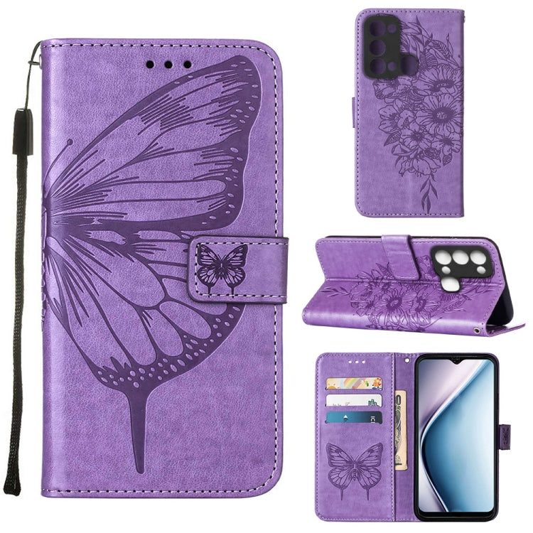 Butterfly embossed flip leather phone case in purple, with card slots and stand flap.