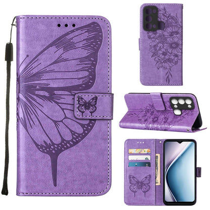 Butterfly embossed flip leather phone case in purple, with card slots and stand flap.