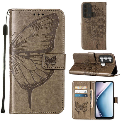 Embossed butterfly flip leather phone case in tan, with card slots and wrist strap