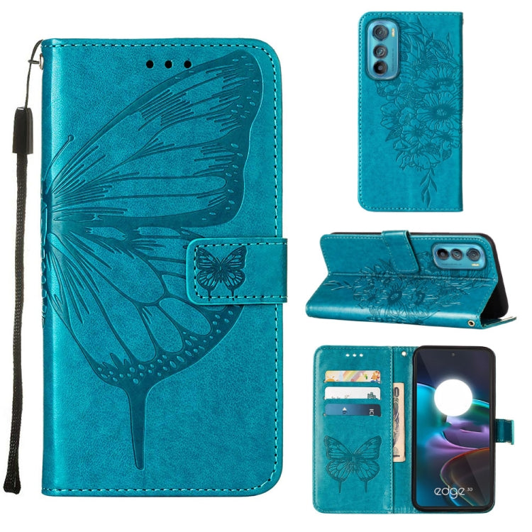 Embossed butterfly flip leather phone case in turquoise, with card slots and stand