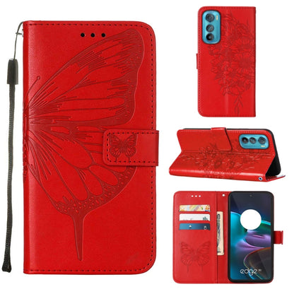 Embossed butterfly flip leather phone case in red, with card slots and magnetic flap