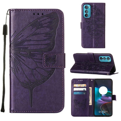 Embossed butterfly flip leather phone case in dark purple, with card slots and stand