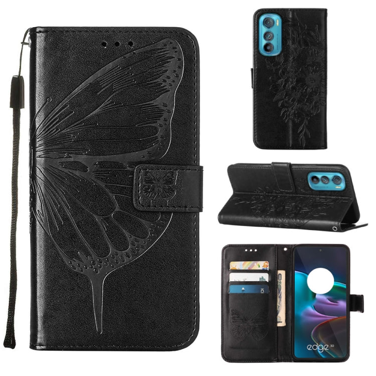 Embossed butterfly flip leather phone case in black, with card slots and wrist strap