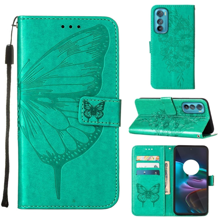Embossed butterfly flip leather phone case in teal-green, with card slots and stand