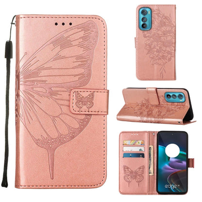Embossed butterfly flip leather phone case in rose pink, with card slots and wrist strap