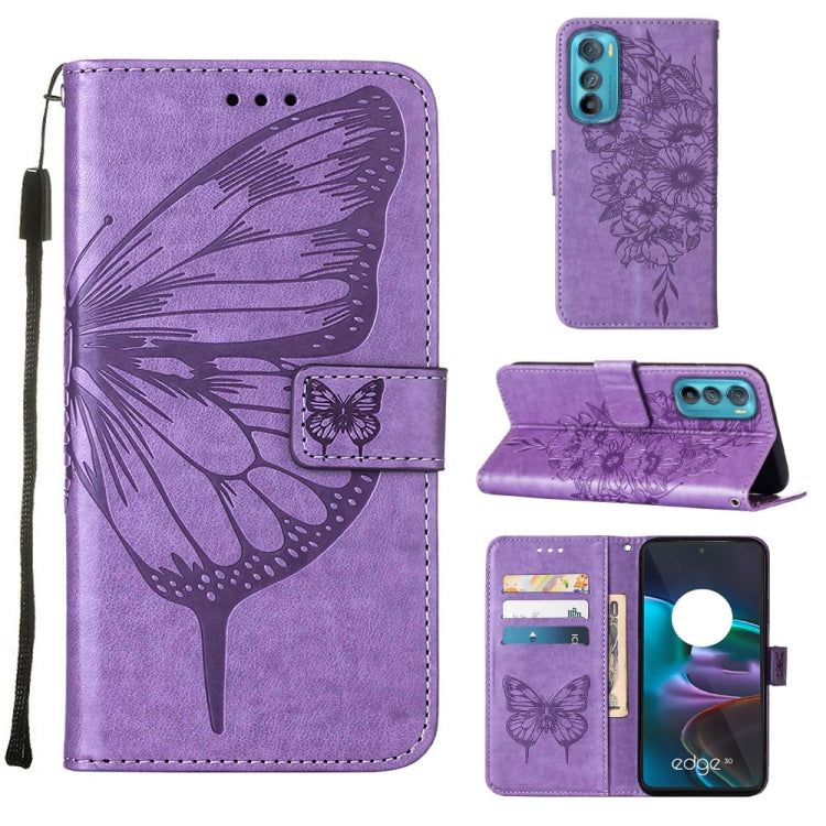 Embossed butterfly flip leather phone case in lavender purple, with card slots and stand