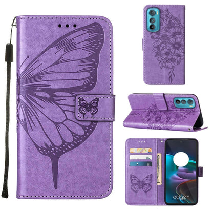 Embossed butterfly flip leather phone case in lavender purple, with card slots and stand