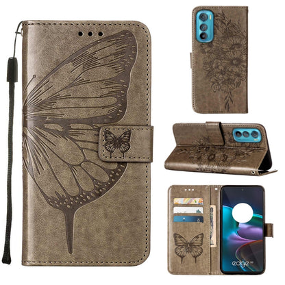 Embossed butterfly flip leather phone case in tan-brown, with card slots and wrist strap