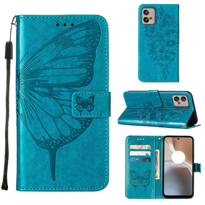 Embossed butterfly flip leather phone case in bright turquoise, with card slots and stand
