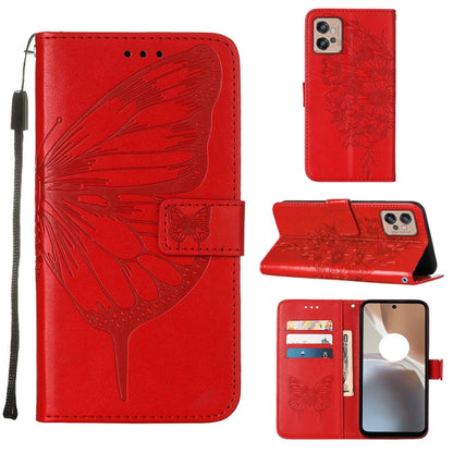 Red embossed butterfly flip leather phone case with card slots and stand cover