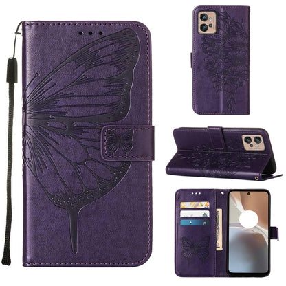 Purple embossed butterfly flip leather phone case with card slots and viewing stand