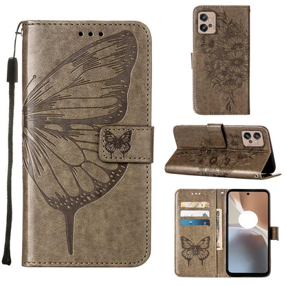 Taupe embossed butterfly flip leather phone case with card holder and stand