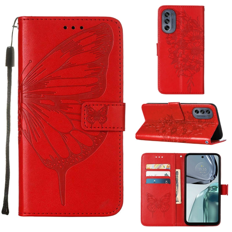 Red embossed butterfly flip leather phone case with card slots and horizontal stand
