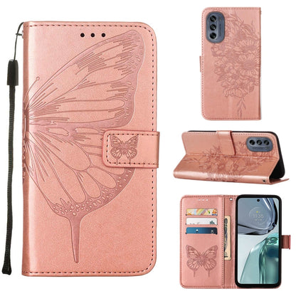 Rose pink embossed butterfly flip leather phone case with card slots and stand