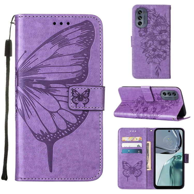 Purple embossed butterfly flip leather phone case with card slots and stand
