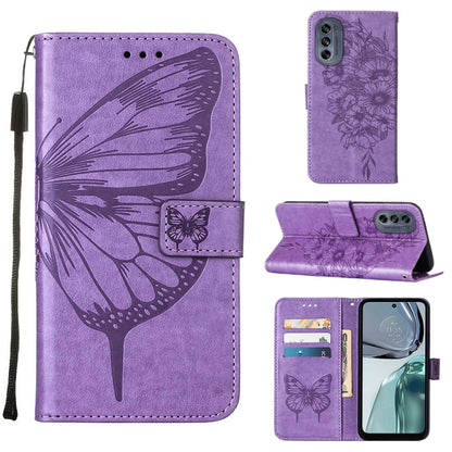 Purple embossed butterfly flip leather phone case with card slots and stand