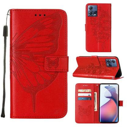 Red embossed butterfly flip leather phone case with card slots and stand