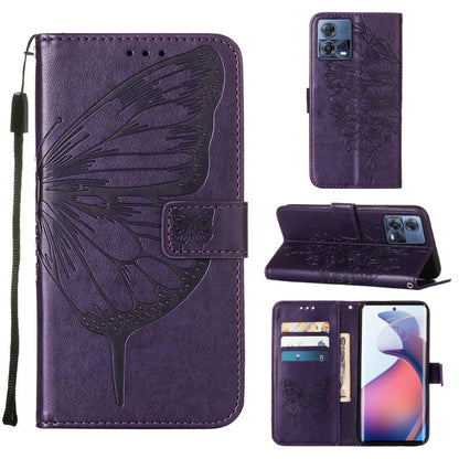 Dark purple embossed butterfly flip leather phone case with card slots and stand