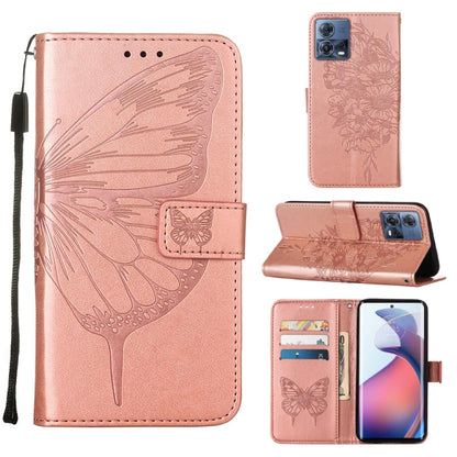Rose pink embossed butterfly flip leather phone case with card slots and stand cover