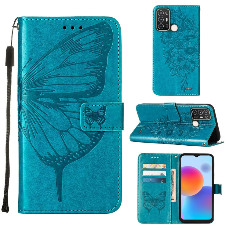 Blue embossed butterfly flip leather phone case with wrist strap and card holder