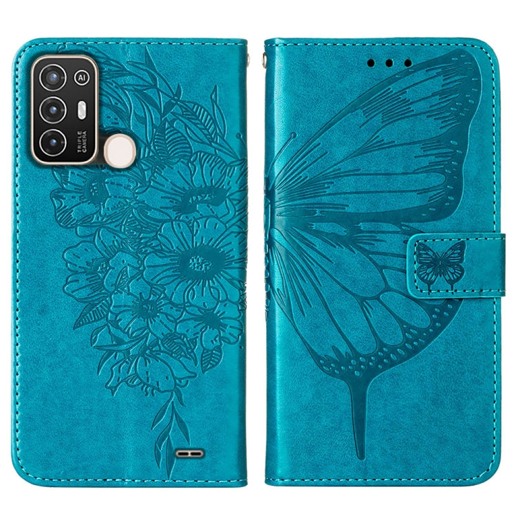 Blue embossed butterfly leather phone case with dual camera cutout and card slot