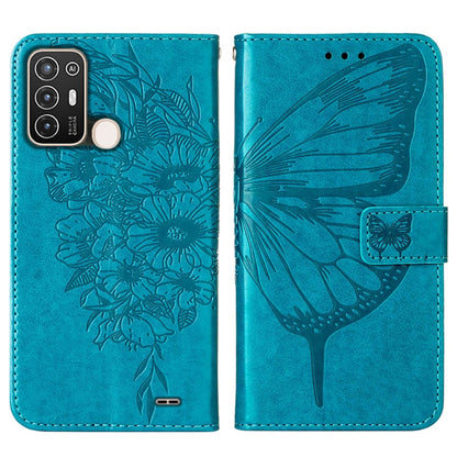 Blue embossed butterfly leather phone case with dual camera cutout and card slot
