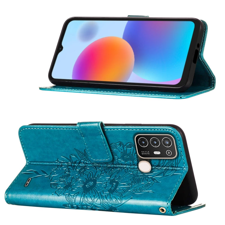 Blue embossed butterfly flip phone case with stand viewing angle