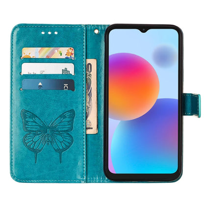 Blue embossed butterfly leather flip case opened, showing inner card slots