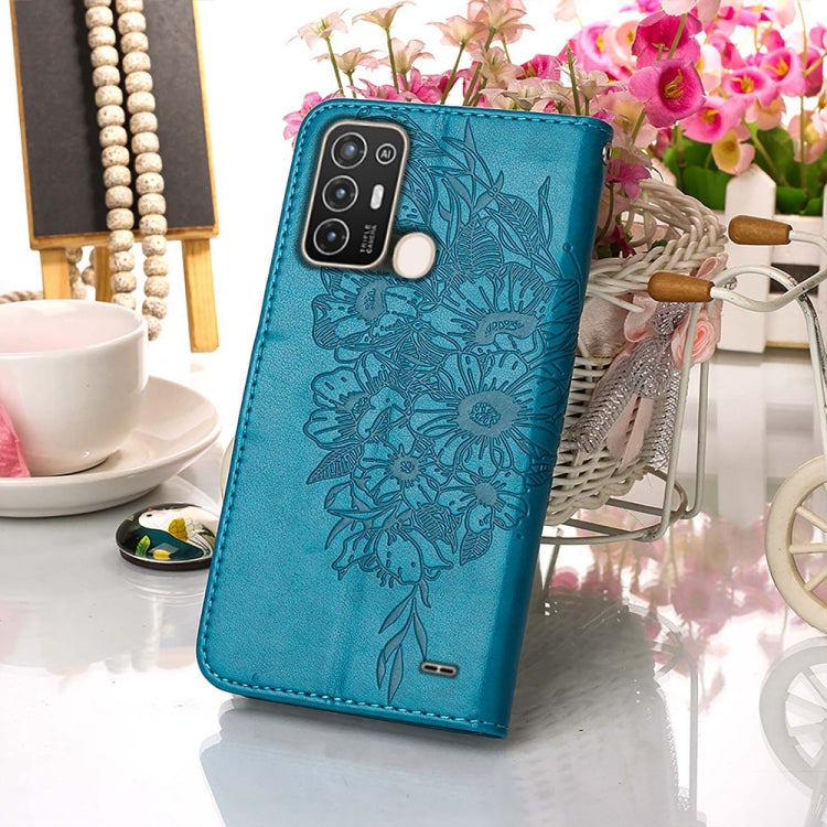 Blue embossed butterfly leather phone case back view with dual camera cutout