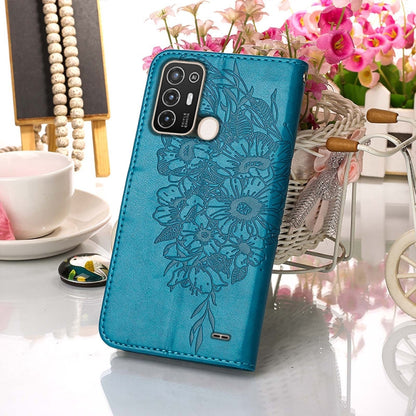 Blue embossed butterfly leather phone case back view with dual camera cutout
