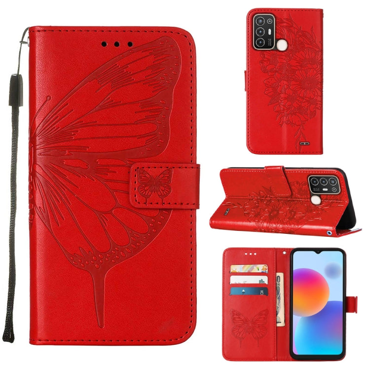 Red embossed butterfly flip leather phone case with wrist strap and card holder