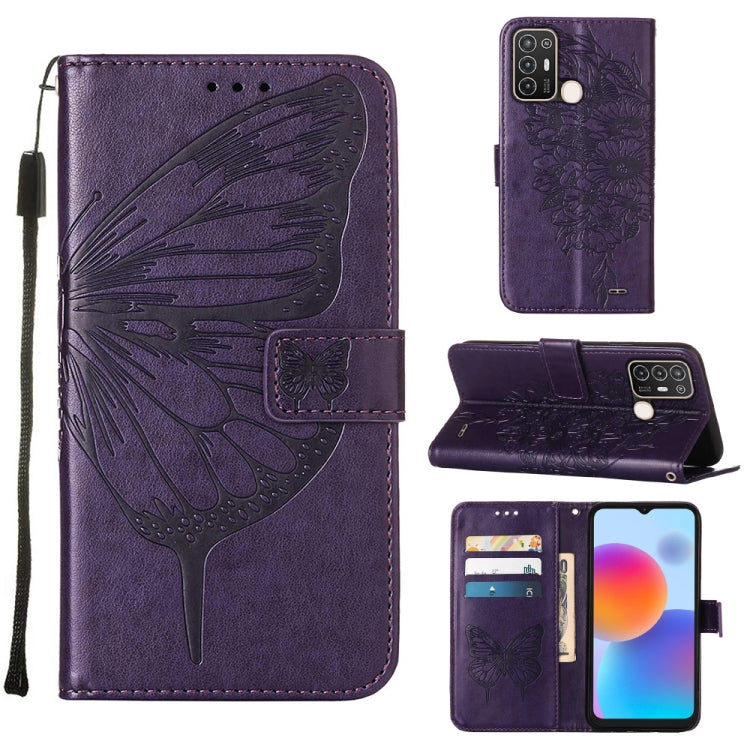 Purple embossed butterfly flip leather phone case with wrist strap and stand