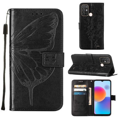 Black embossed butterfly flip leather phone case with wrist strap and card holder