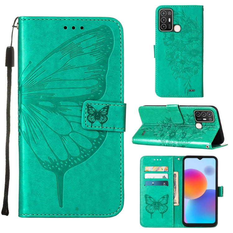 Teal embossed butterfly flip leather phone case with wrist strap and card holder