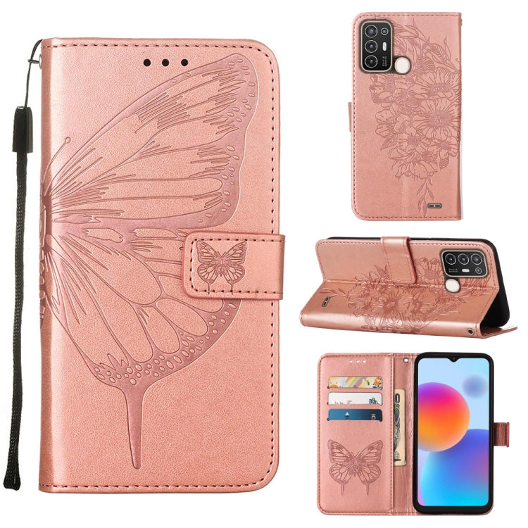 Embossed butterfly flip leather phone case with card slots, pink rose color.