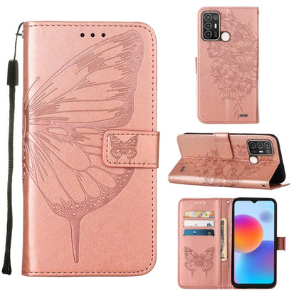 Embossed butterfly flip leather phone case with card slots, pink rose color.