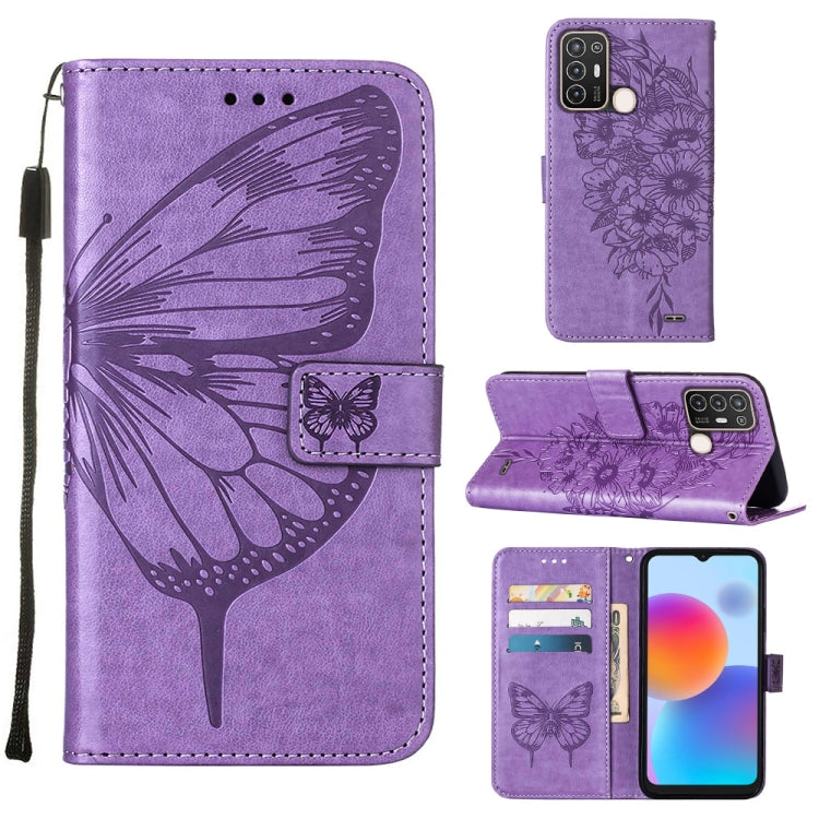 Embossed butterfly flip leather phone case with card slots, purple color.