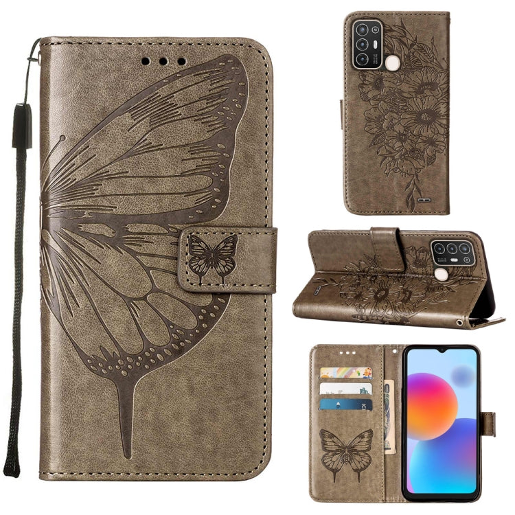 Embossed butterfly flip leather phone case with card slots, taupe brown color.