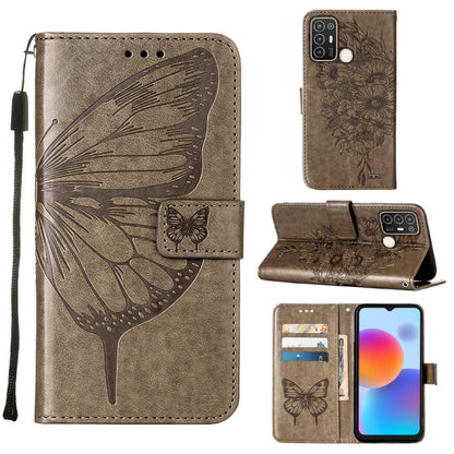Embossed butterfly flip leather phone case with card slots, taupe brown color.