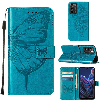 Embossed butterfly flip leather phone case with card slots, teal blue color.