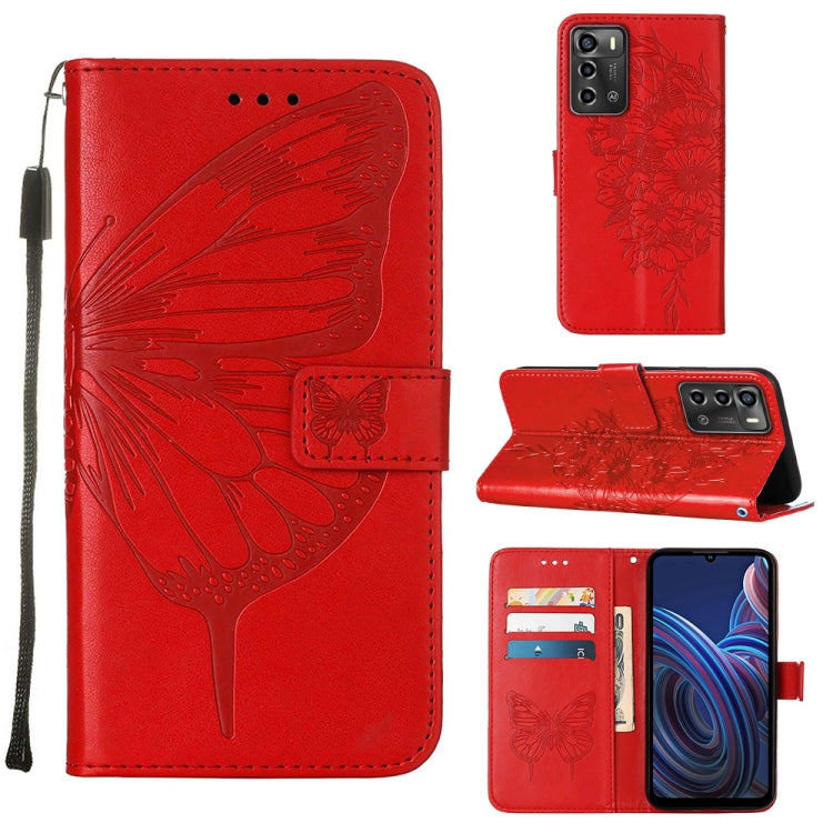 Embossed butterfly flip leather phone case with card slots, red color.