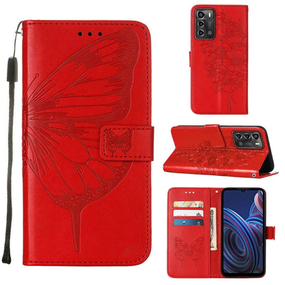 Embossed butterfly flip leather phone case with card slots, red color.