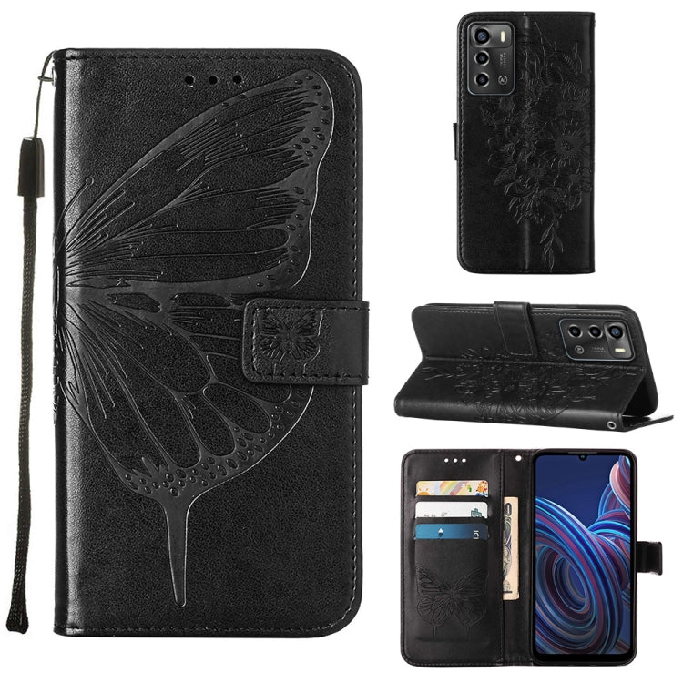 Embossed butterfly flip leather phone case with card slots, black color.