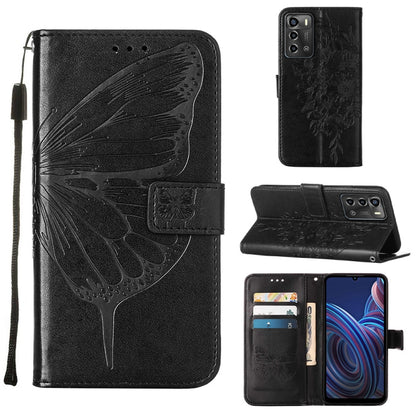 Embossed butterfly flip leather phone case with card slots, black color.