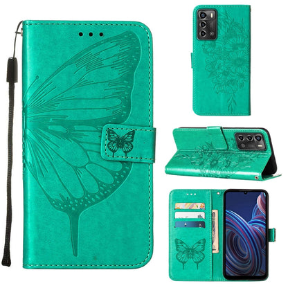 Embossed butterfly flip leather phone case with card slots, green color.