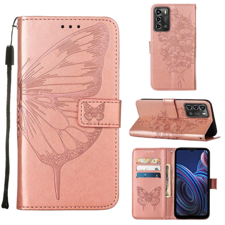 Embossed butterfly flip leather phone case with card slots, pink rose color.