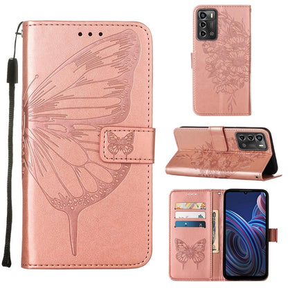 Embossed butterfly flip leather phone case with card slots, pink rose color.