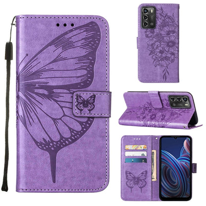 Embossed butterfly flip leather phone case with card slots, purple color.